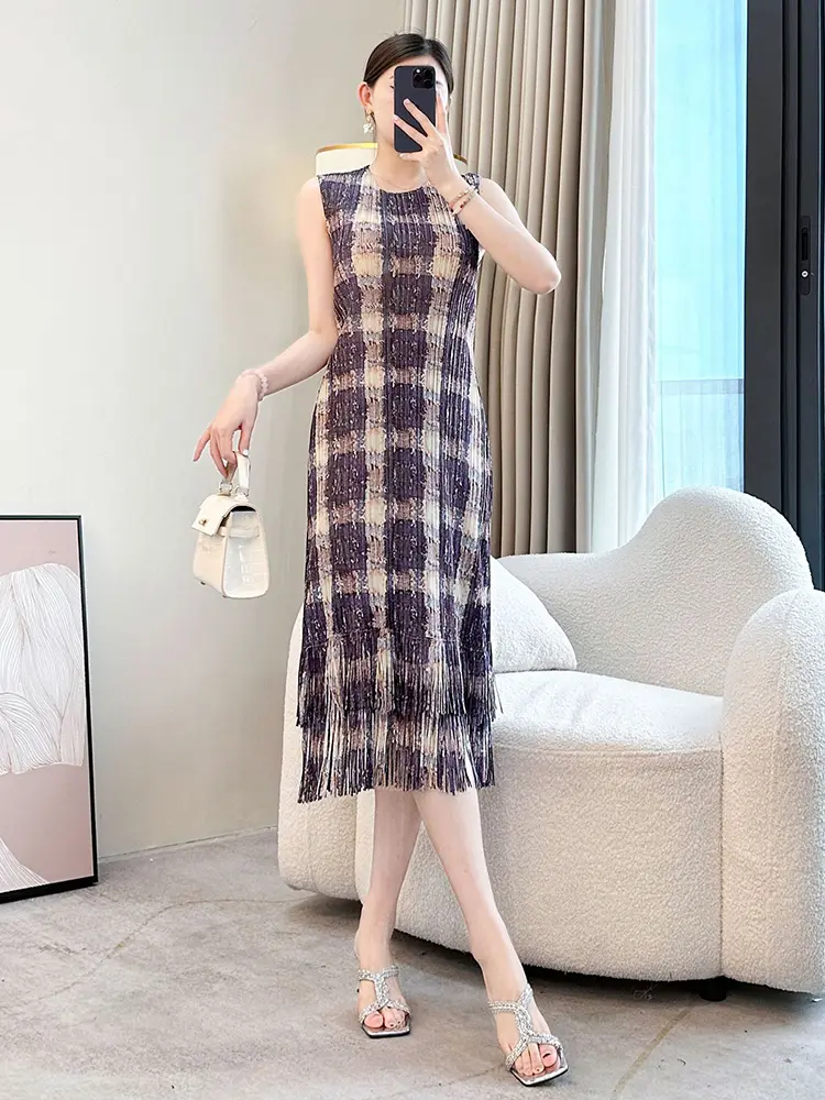 LANMREM Brown Tassel Spliced Plaid Dress Women's 2025 New Slim Fit Elastic Fashion Sleeveless O-neck Pleated Dresses 2DB3238