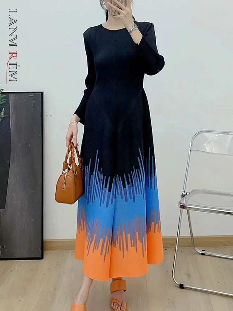 LANMREM Pleated Printed Dress For Women 2025 Spring New Round Neck Contrast Color Fold Sticthing Female Evening Dresses 2DA3614