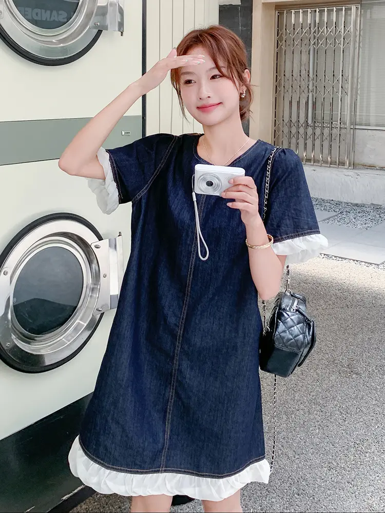 LANMREM Denim Dress For Women Round Neck Short Sleeves Ruffles Hem Patchwork Loose Casual Short Dresses Summer New 2DM1035