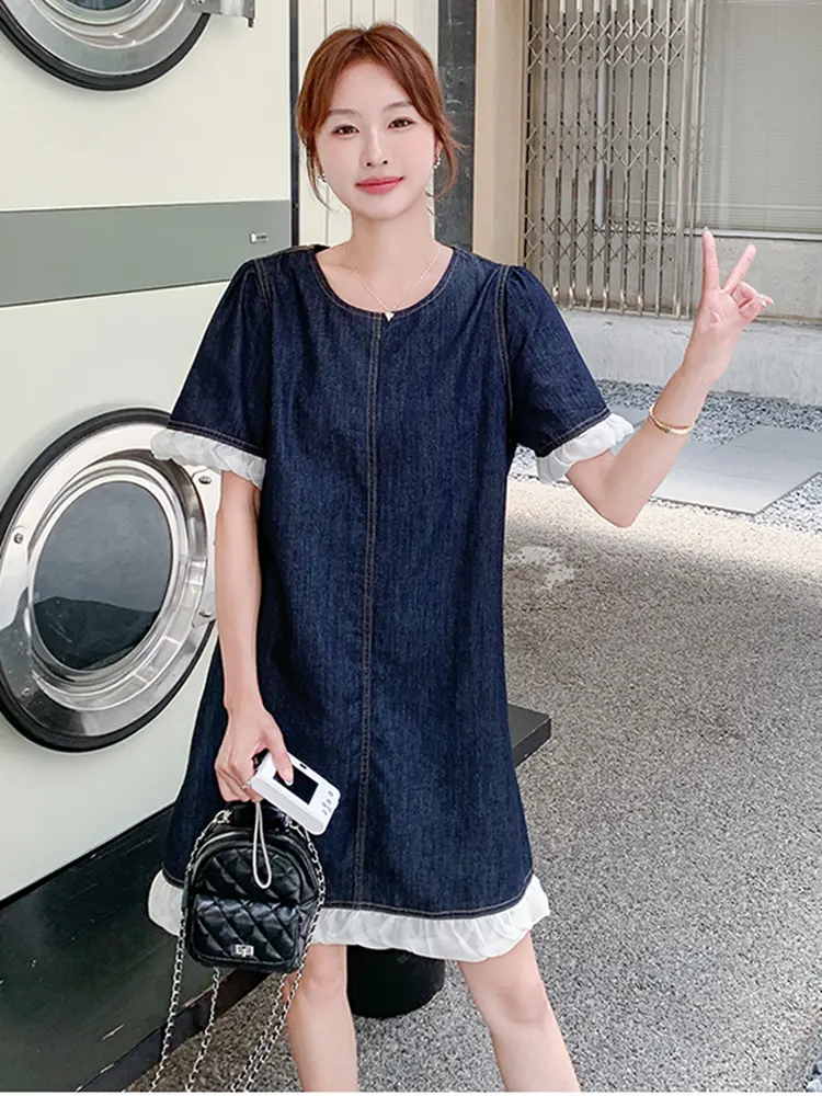 LANMREM Denim Dress For Women Round Neck Short Sleeves Ruffles Hem Patchwork Loose Casual Short Dresses Summer New 2DM1035