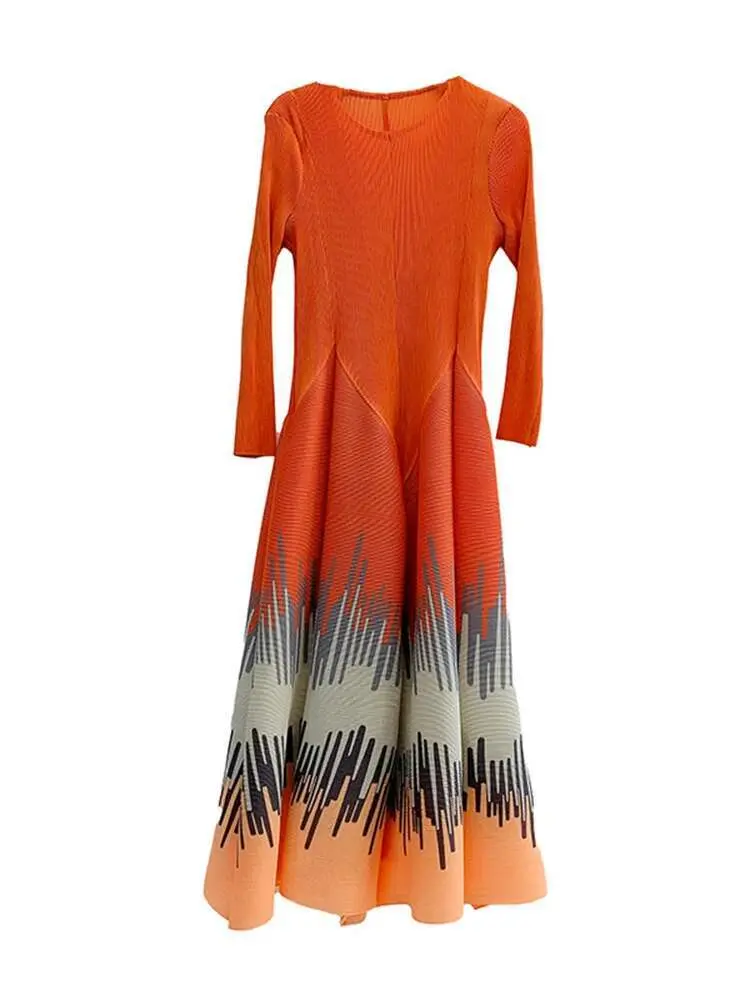 LANMREM Pleated Printed Dress For Women 2025 Spring New Round Neck Contrast Color Fold Sticthing Female Evening Dresses 2DA3614