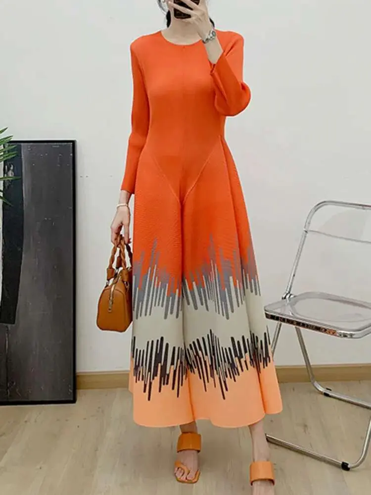 LANMREM Pleated Printed Dress For Women 2025 Spring New Round Neck Contrast Color Fold Sticthing Female Evening Dresses 2DA3614