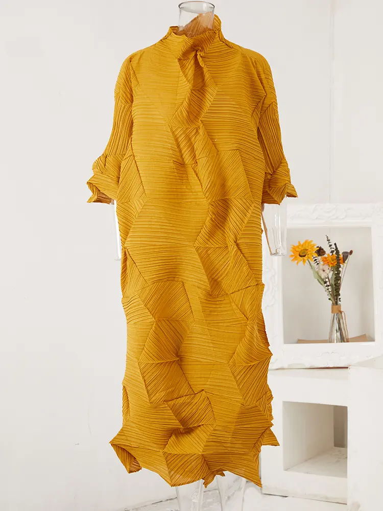 LANMREM 2025 Spring Pleated Dress For Women Loose Fold Turtleneck A-Line Vintage Long Dresses Lady Elegant Clothes Tide 2Aa6000