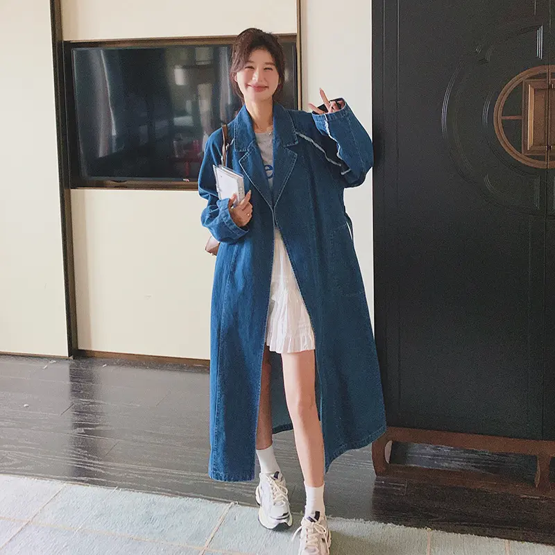 LANMREM vintage blue Denim women's Trench Coat with belt 2025 new casual notched collar cardigan korean chic windbreaker 2DB3752