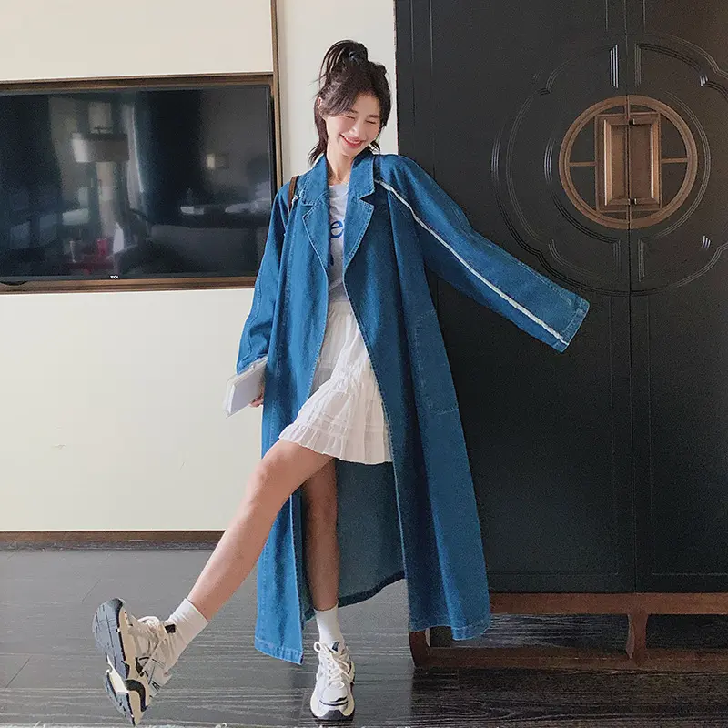 LANMREM vintage blue Denim women's Trench Coat with belt 2025 new casual notched collar cardigan korean chic windbreaker 2DB3752