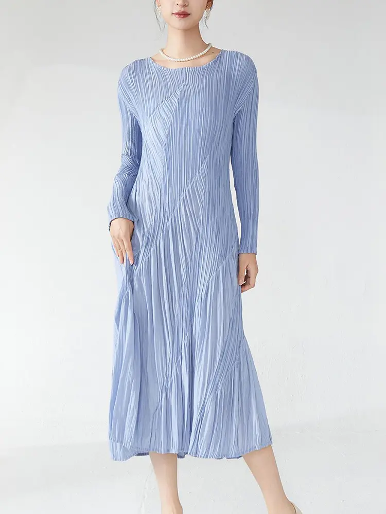 LANMREM High-end Women's Irregular Pleated Spliced Design Elastic Dress 2025 New Slim Round Collar Long Sleeve Dresses 2DB3277