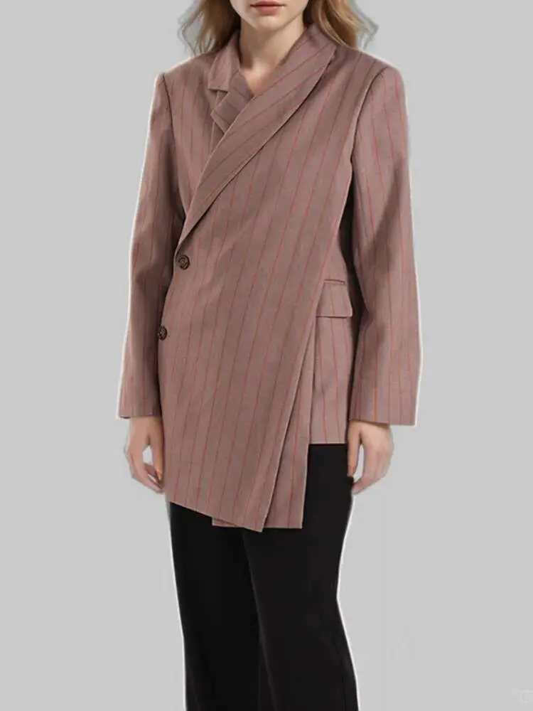 LANMREM Fashion Women's Stripe Irregular Blazer Notched Collar Single Breasted Pockets Slim Jackets Autumn 2025 New CPDB2020
