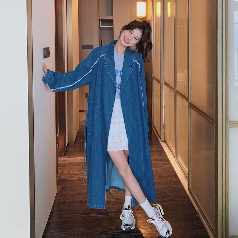 LANMREM vintage blue Denim women's Trench Coat with belt 2025 new casual notched collar cardigan korean chic windbreaker 2DB3752
