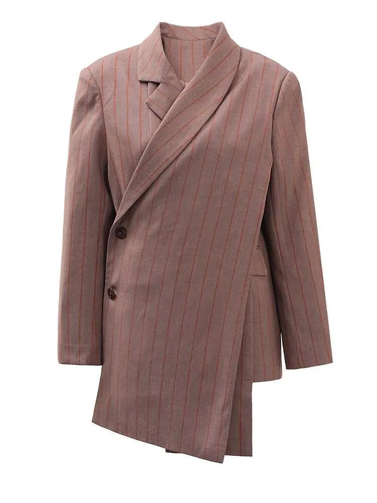 LANMREM Fashion Women's Stripe Irregular Blazer Notched Collar Single Breasted Pockets Slim Jackets Autumn 2025 New CPDB2020
