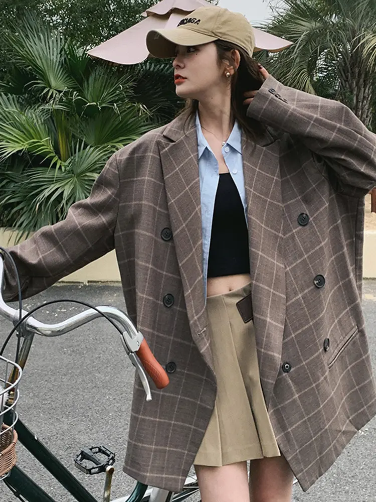 LANMREM Korean Style Plaid Women's Blazer Lapel Double Breasted Long Sleeve Retro Suit Jacket 2025 Spring New Clothing 2DE195
