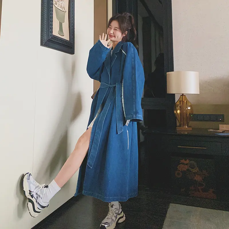 LANMREM vintage blue Denim women's Trench Coat with belt 2025 new casual notched collar cardigan korean chic windbreaker 2DB3752