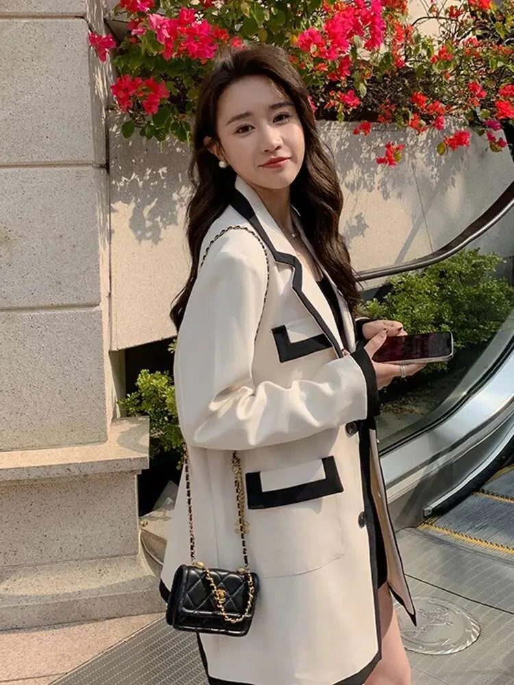 LANMREM Color Contrast Blazer For Women Lapel Long Sleeve Single Breasted Office Lady Coat Female Fashion 2025 Spring New 2DE230