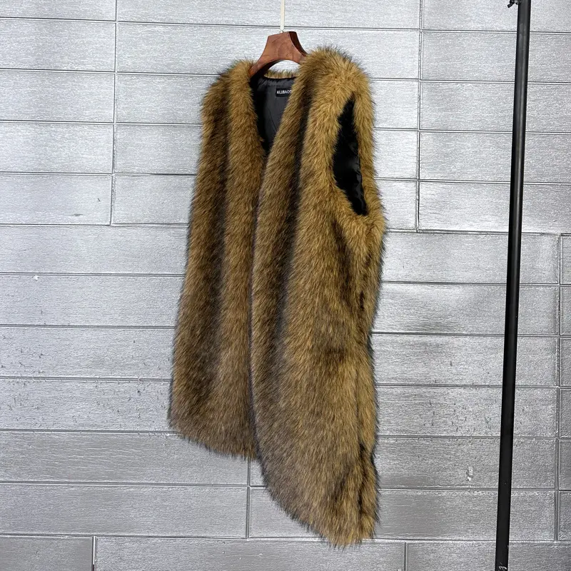 LANMREM Borwn Autumn Winter Chic New Mid-Length Faux Fur Vest Warm Soft  Women's Outwear V Collar Sleeveless Jackets 2DB3921