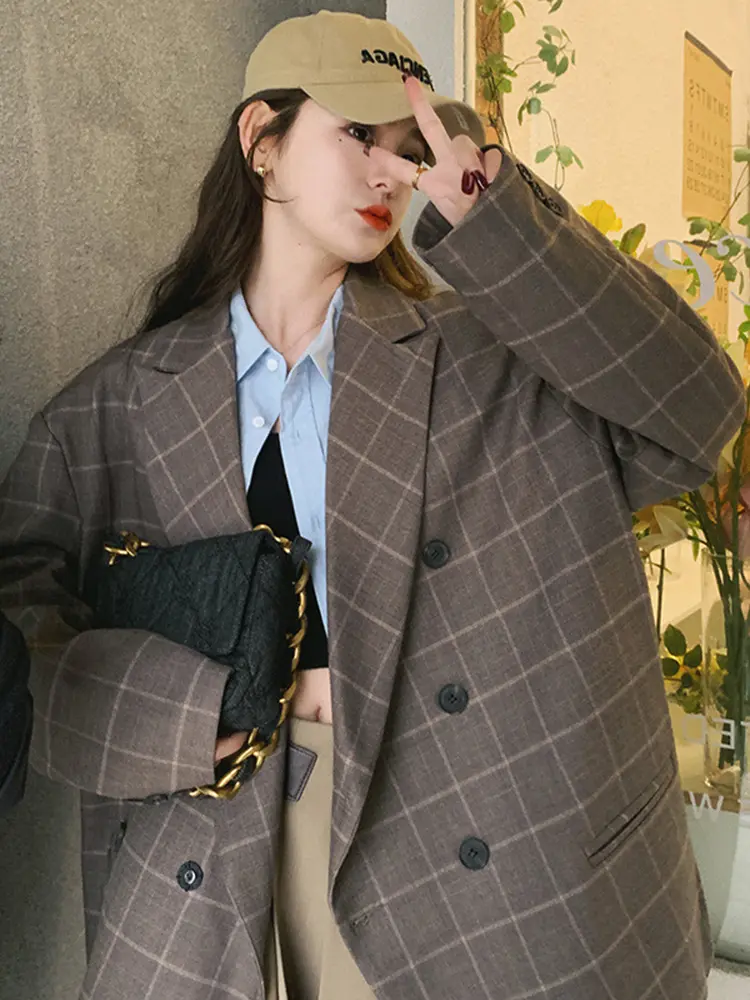 LANMREM Korean Style Plaid Women's Blazer Lapel Double Breasted Long Sleeve Retro Suit Jacket 2025 Spring New Clothing 2DE195