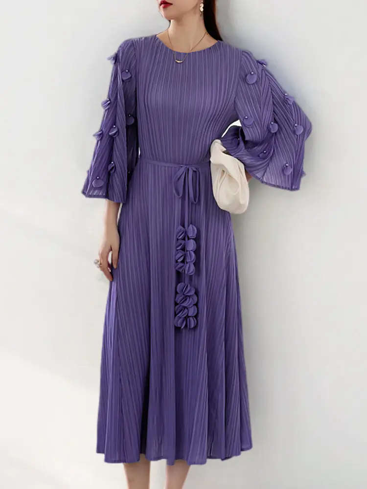 LANMREM 3D Floral Spliced Pleated Dress Women Fashion Solid Color Belt Gathered Waist Dresses Elegant Party Spring New 2AA5098