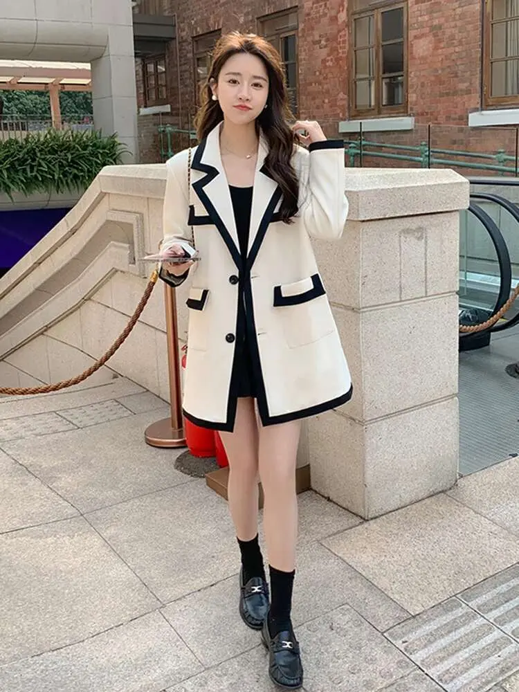 LANMREM Color Contrast Blazer For Women Lapel Long Sleeve Single Breasted Office Lady Coat Female Fashion 2025 Spring New 2DE230