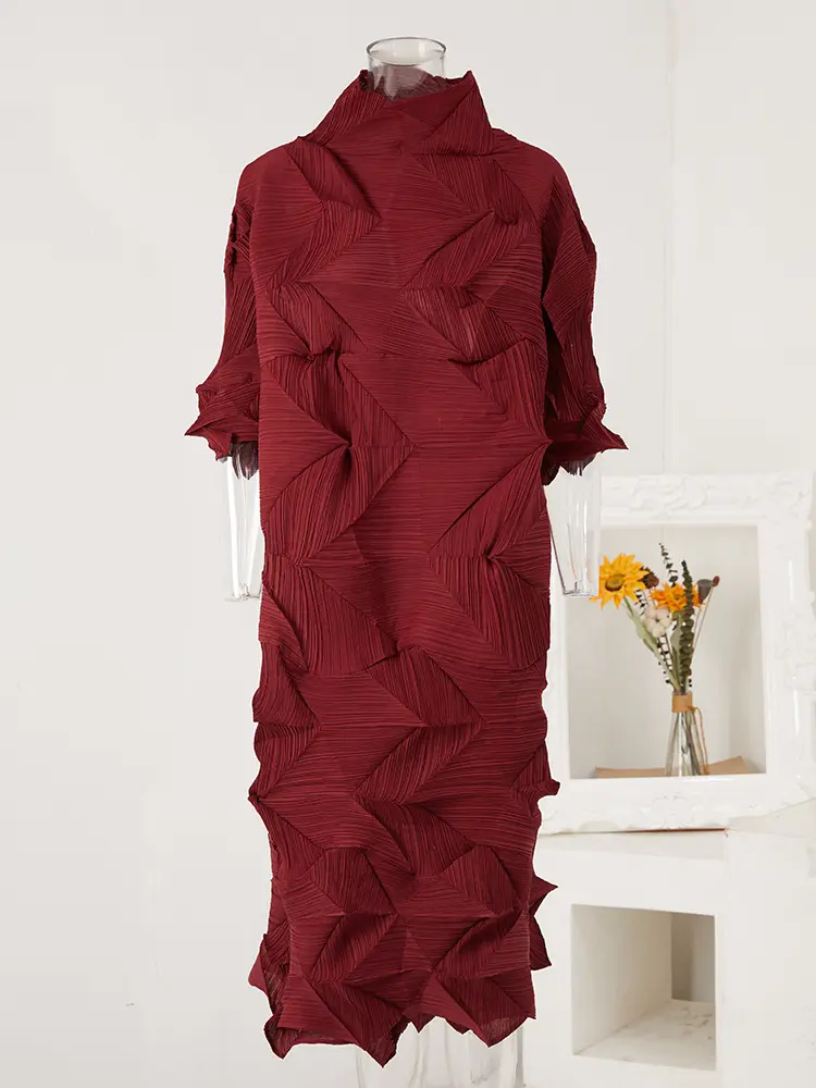 LANMREM 2025 Spring Pleated Dress For Women Loose Fold Turtleneck A-Line Vintage Long Dresses Lady Elegant Clothes Tide 2Aa6000