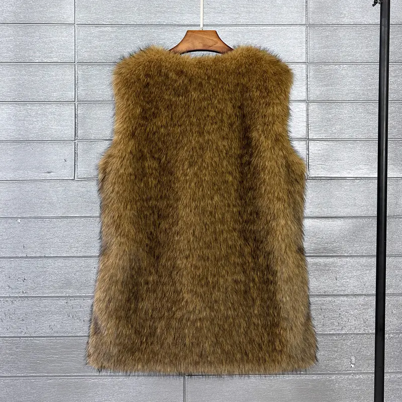 LANMREM Borwn Autumn Winter Chic New Mid-Length Faux Fur Vest Warm Soft  Women's Outwear V Collar Sleeveless Jackets 2DB3921
