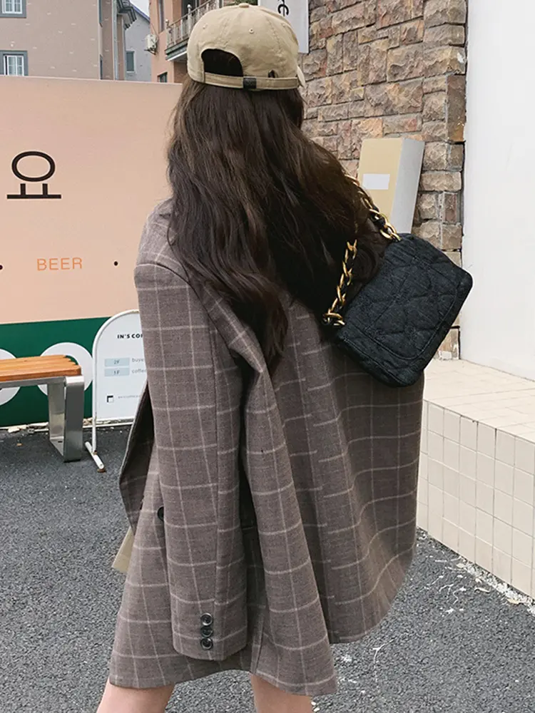 LANMREM Korean Style Plaid Women's Blazer Lapel Double Breasted Long Sleeve Retro Suit Jacket 2025 Spring New Clothing 2DE195