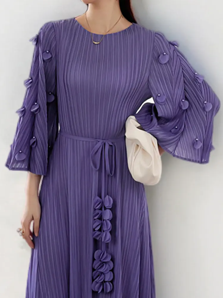 LANMREM 3D Floral Spliced Pleated Dress Women Fashion Solid Color Belt Gathered Waist Dresses Elegant Party Spring New 2AA5098