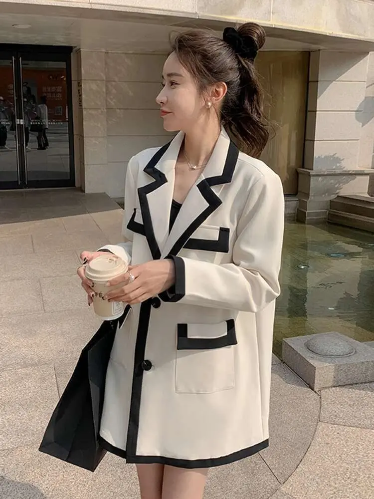 LANMREM Color Contrast Blazer For Women Lapel Long Sleeve Single Breasted Office Lady Coat Female Fashion 2025 Spring New 2DE230