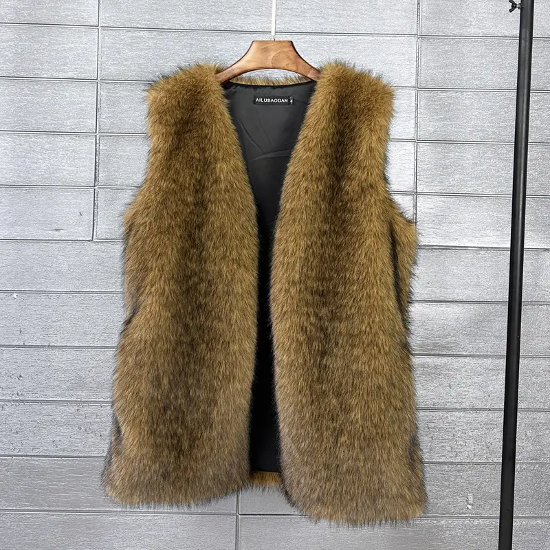 LANMREM Borwn Autumn Winter Chic New Mid-Length Faux Fur Vest Warm Soft  Women's Outwear V Collar Sleeveless Jackets 2DB3921