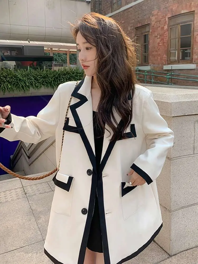 LANMREM Color Contrast Blazer For Women Lapel Long Sleeve Single Breasted Office Lady Coat Female Fashion 2025 Spring New 2DE230