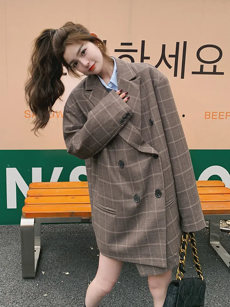 LANMREM Korean Style Plaid Women's Blazer Lapel Double Breasted Long Sleeve Retro Suit Jacket 2025 Spring New Clothing 2DE195
