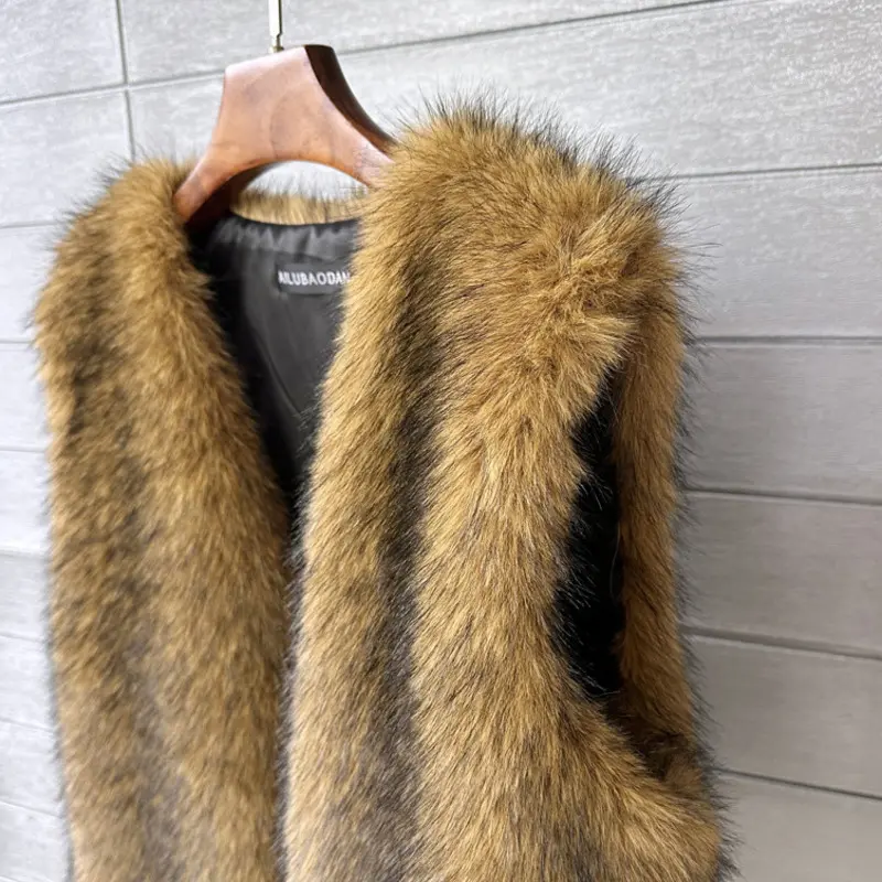 LANMREM Borwn Autumn Winter Chic New Mid-Length Faux Fur Vest Warm Soft  Women's Outwear V Collar Sleeveless Jackets 2DB3921