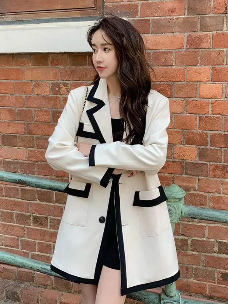 LANMREM Color Contrast Blazer For Women Lapel Long Sleeve Single Breasted Office Lady Coat Female Fashion 2025 Spring New 2DE230