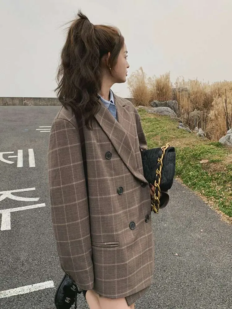 LANMREM Korean Style Plaid Women's Blazer Lapel Double Breasted Long Sleeve Retro Suit Jacket 2025 Spring New Clothing 2DE195