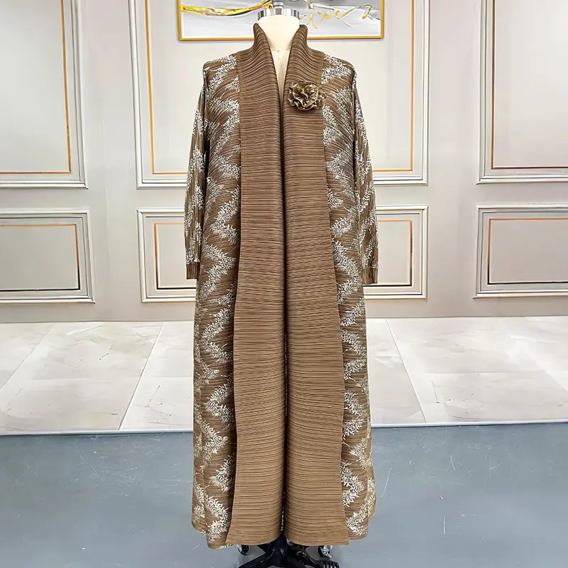 LANMREM Muslim Chic Gold Foil Printing Women's Pleated Trench Coat Elegant Loose Cardigan Robe New Casual Famale Clothing DB3817