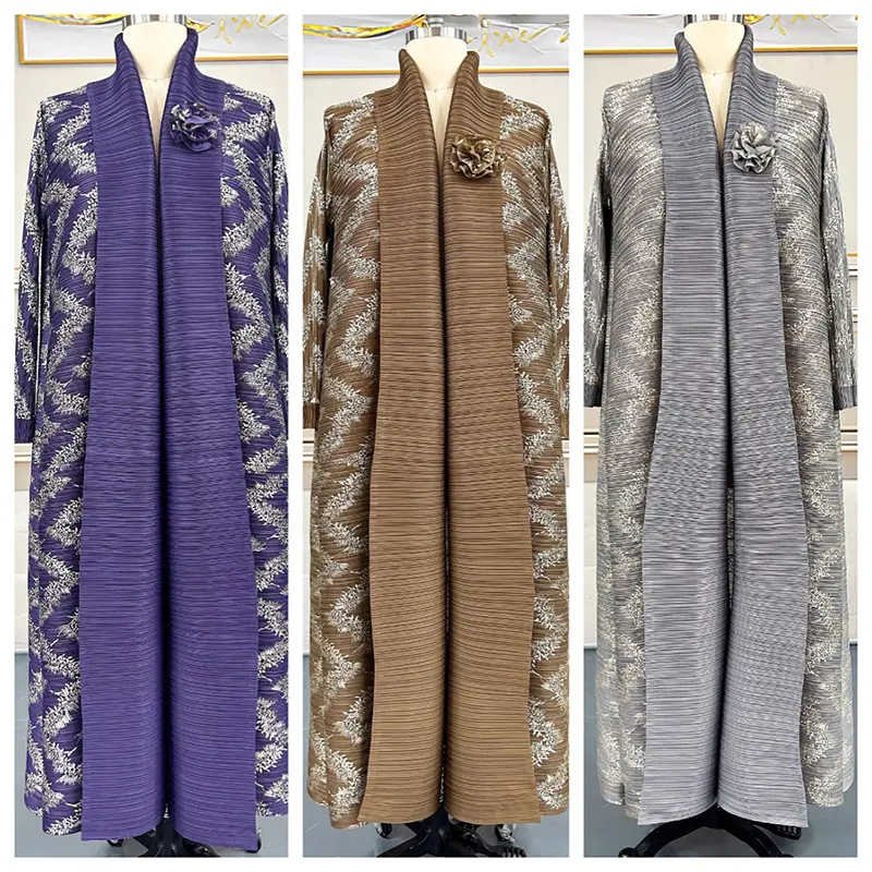 LANMREM Muslim Chic Gold Foil Printing Women's Pleated Trench Coat Elegant Loose Cardigan Robe New Casual Famale Clothing DB3817