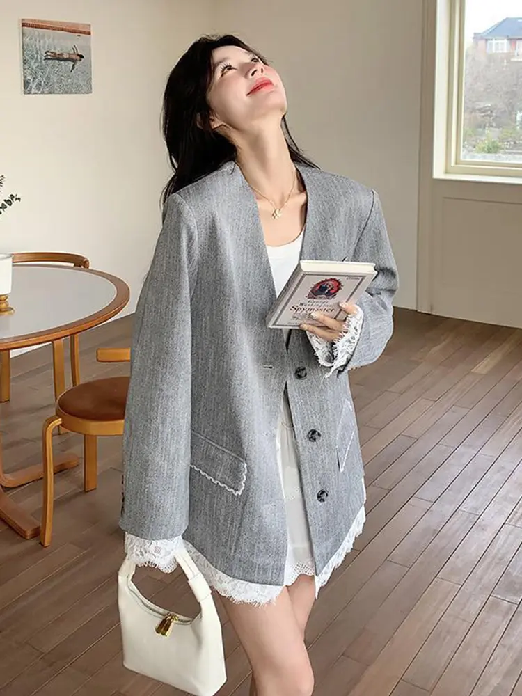 LANMREM Niche Lace Patchwork Gray Casual Suit Jacket Women 2025 New Loose Single Breasted V Collar Blazer Coat With Belt 2DB2761