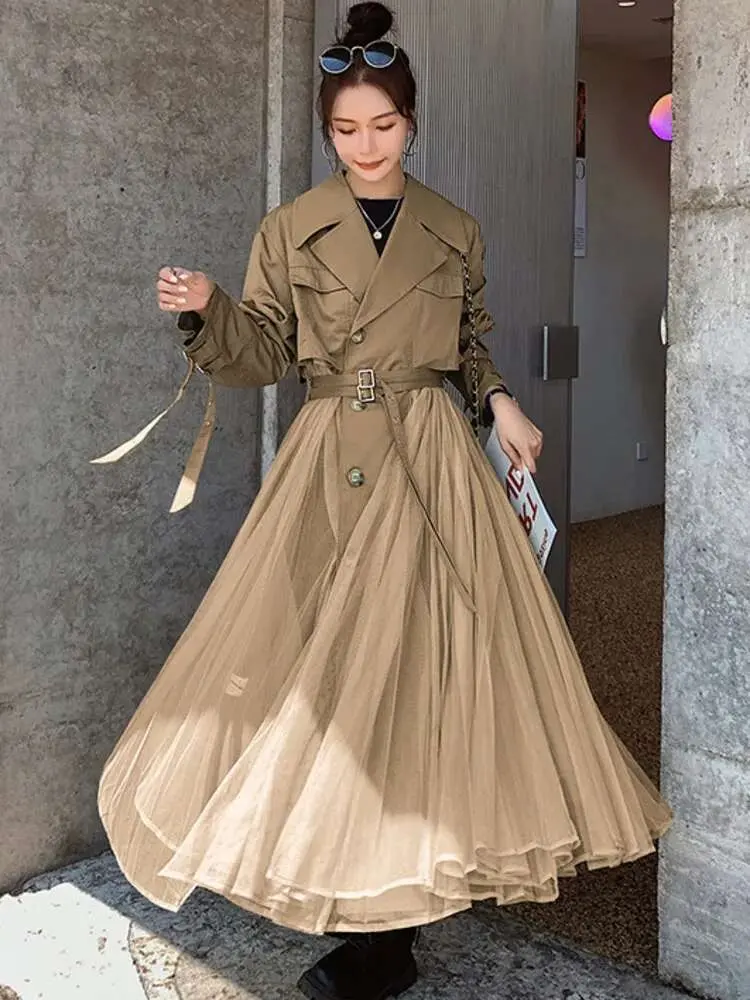 LANMREM Mesh Splicing Windbreaker For Women Lapel Long Sleeves Irregular Belt Trench Coat 2025 Spring Fashion Clothing 2DA8385