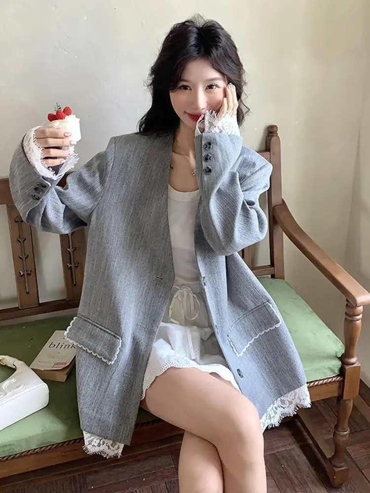 LANMREM Niche Lace Patchwork Gray Casual Suit Jacket Women 2025 New Loose Single Breasted V Collar Blazer Coat With Belt 2DB2761