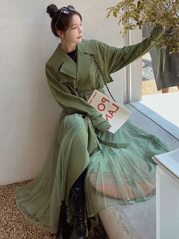 LANMREM Mesh Splicing Windbreaker For Women Lapel Long Sleeves Irregular Belt Trench Coat 2025 Spring Fashion Clothing 2DA8385