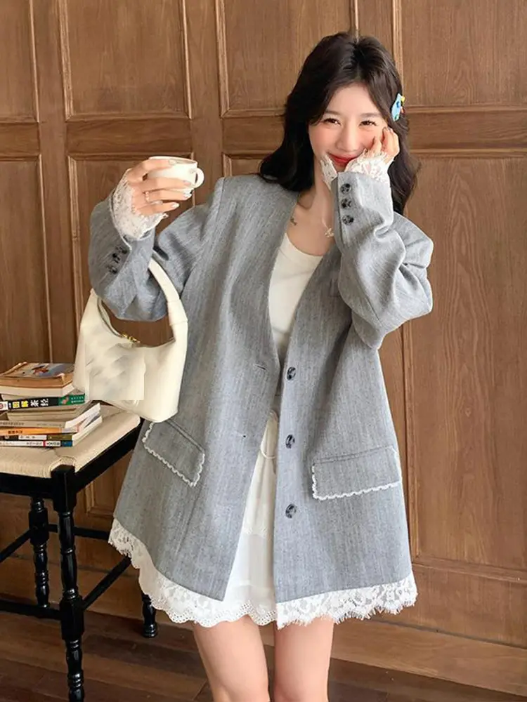 LANMREM Niche Lace Patchwork Gray Casual Suit Jacket Women 2025 New Loose Single Breasted V Collar Blazer Coat With Belt 2DB2761