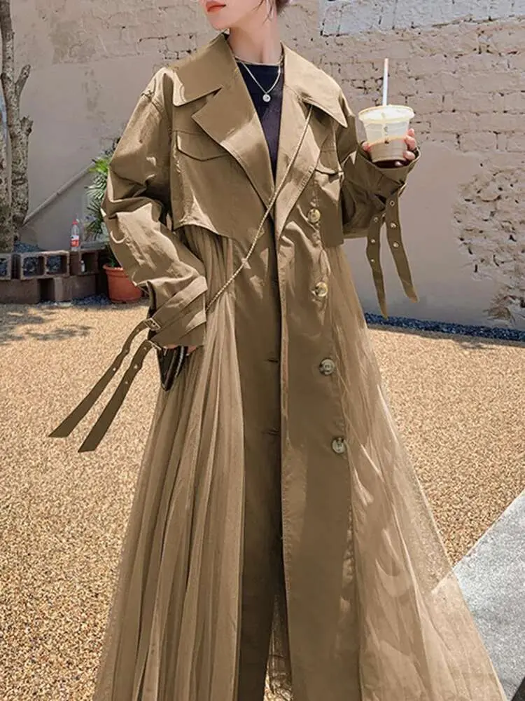 LANMREM Mesh Splicing Windbreaker For Women Lapel Long Sleeves Irregular Belt Trench Coat 2025 Spring Fashion Clothing 2DA8385