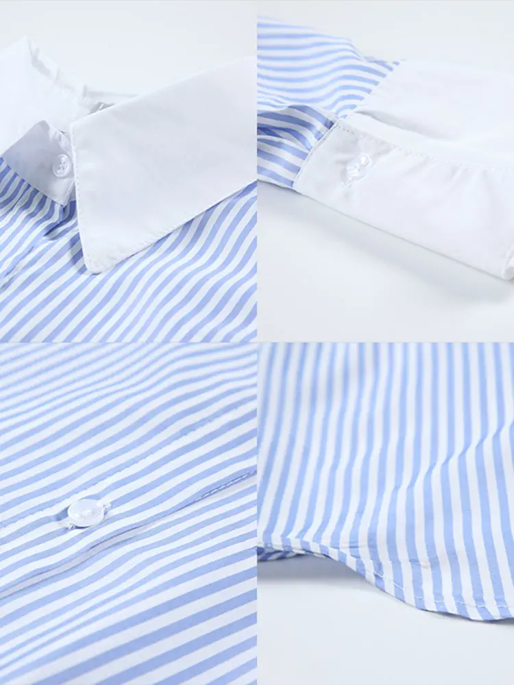LANMREM Blue And White Striped Contrasting Long Sleeved Shirt For Women 2025 Spring New Office Lady Chic Top Clothes 2DA7152