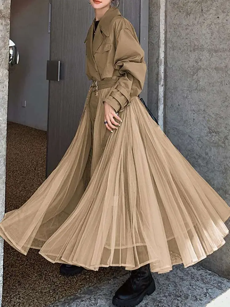 LANMREM Mesh Splicing Windbreaker For Women Lapel Long Sleeves Irregular Belt Trench Coat 2025 Spring Fashion Clothing 2DA8385