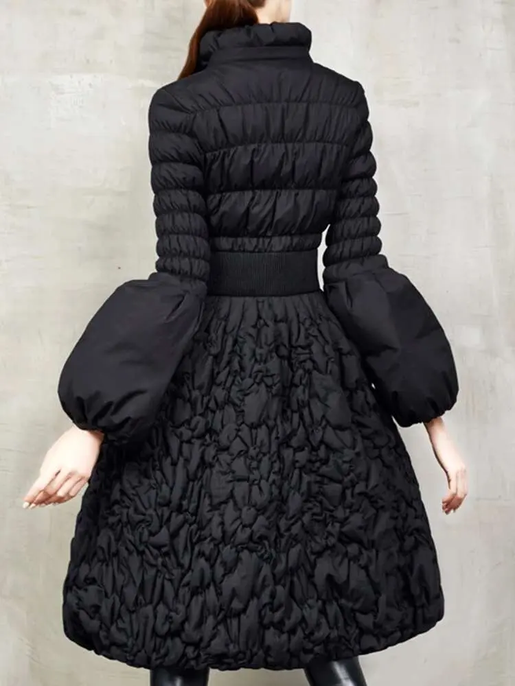 LANMREM Fashion Pleated Design Down Coat For Women Stand Collar Long Sleeves Slim A-line Black Clothing 2024 Winter New 2VV229