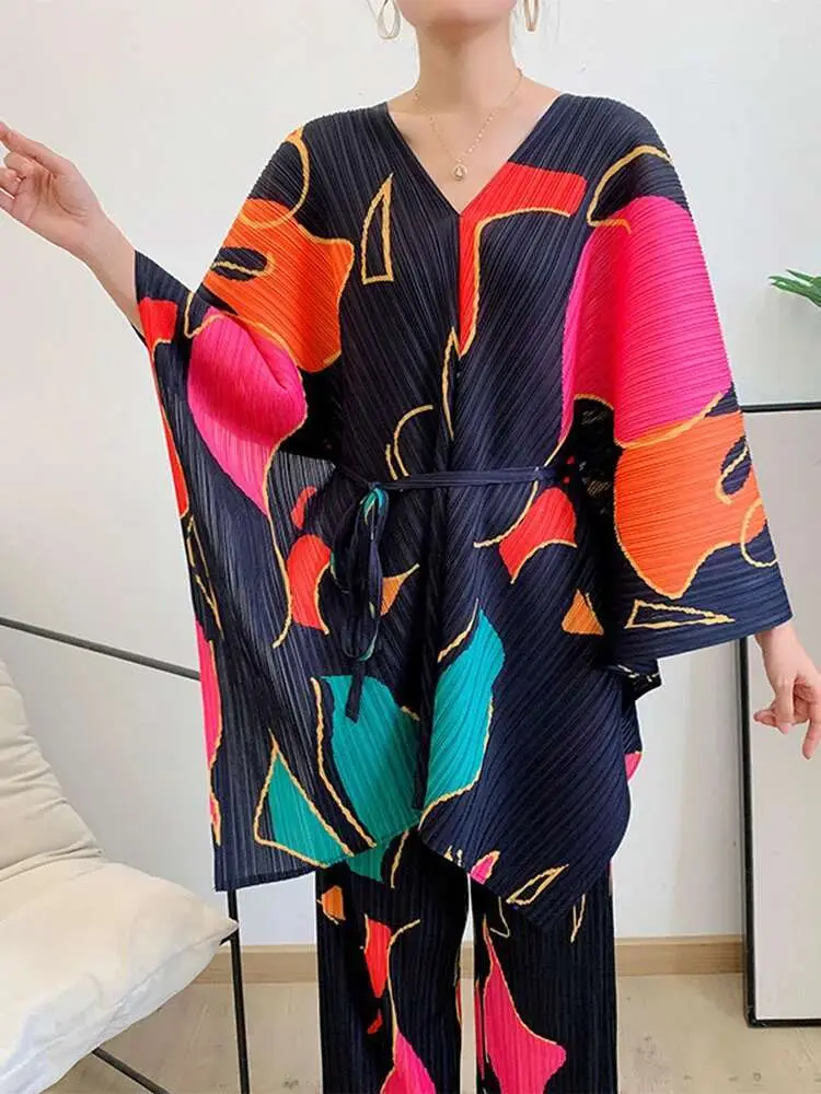 LANMREM 2 Pieces Sets For Women V Neck Loose Batwing Printing Top With Wide Leg Trousers Female Fashion Clothing Spring 2R9633