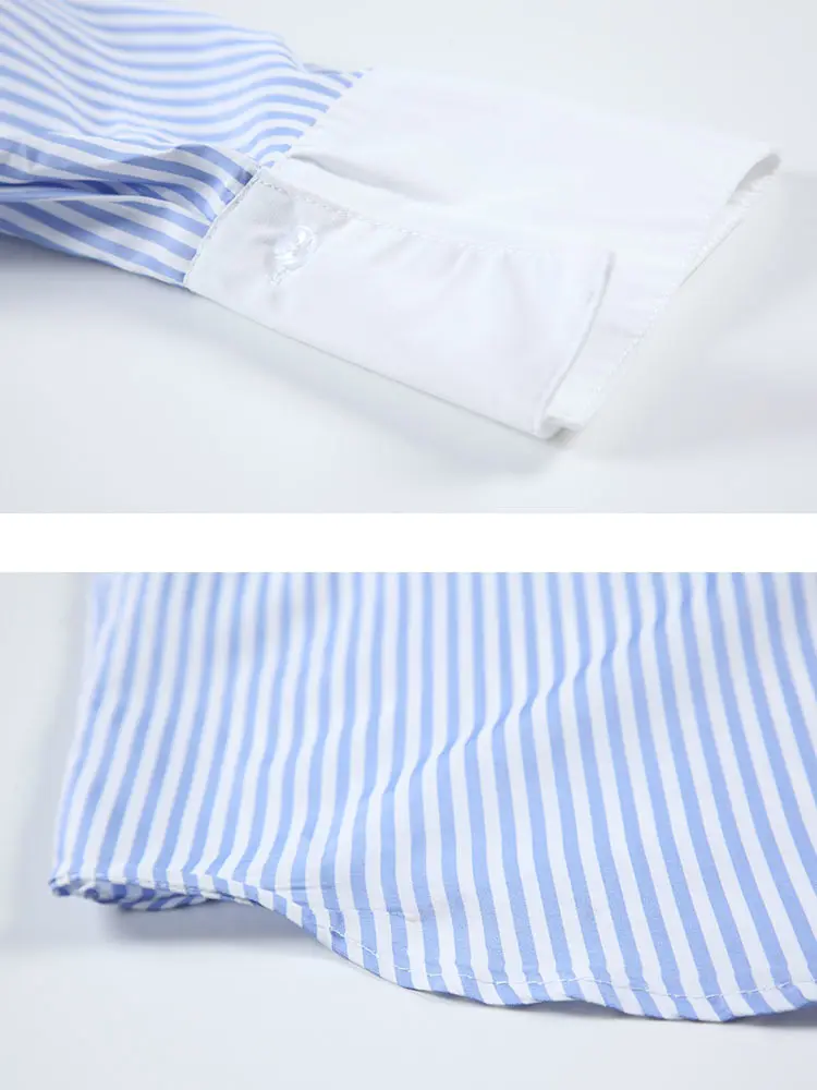 LANMREM Blue And White Striped Contrasting Long Sleeved Shirt For Women 2025 Spring New Office Lady Chic Top Clothes 2DA7152