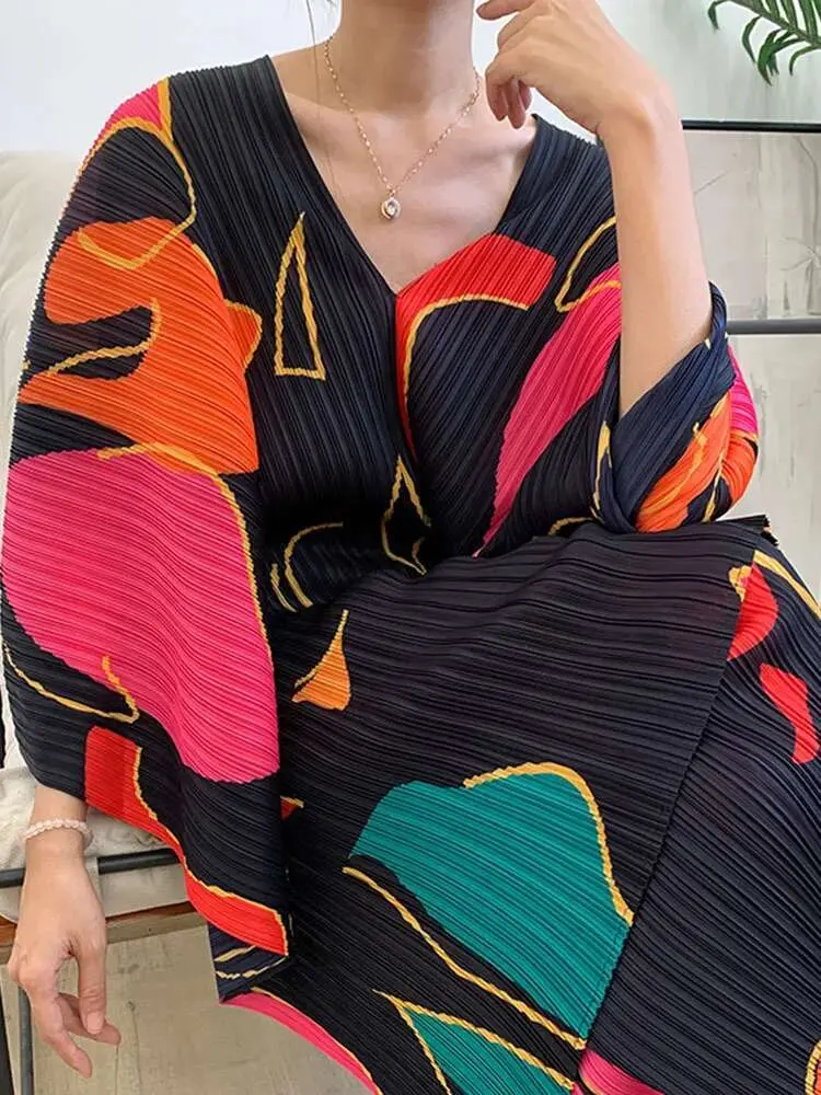 LANMREM 2 Pieces Sets For Women V Neck Loose Batwing Printing Top With Wide Leg Trousers Female Fashion Clothing Spring 2R9633