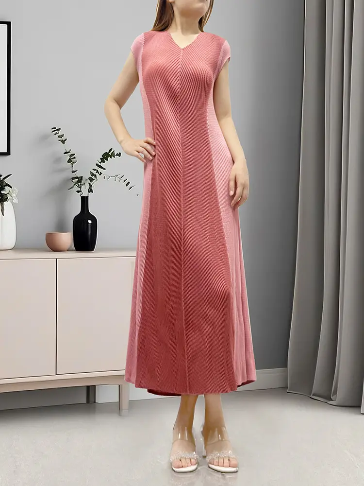 LANMREM Niche Chic Fish Scale Pleats V-neck Sleeveless Women's Dress Colorblock Spliced Temperament Tie Design Dresses 2DB3563