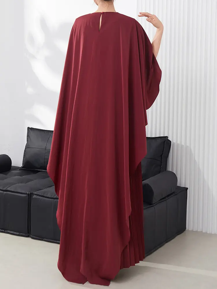 LANMREM Shawl Design Evening Dress Women's 2025 New Fashion Bat Sleeve Loose Fake Two Piece Pleated Long Dresses Chic 2DB3097