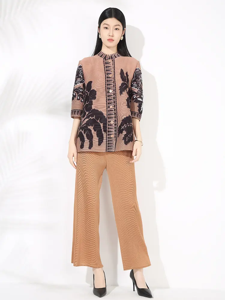 LANMREM Chinese Style Print Single Breasted Short Coat And Elastic Waist Straight Pants Casual Women's Pleated Two Pieces Set