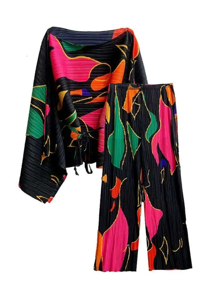 LANMREM 2 Pieces Sets For Women V Neck Loose Batwing Printing Top With Wide Leg Trousers Female Fashion Clothing Spring 2R9633