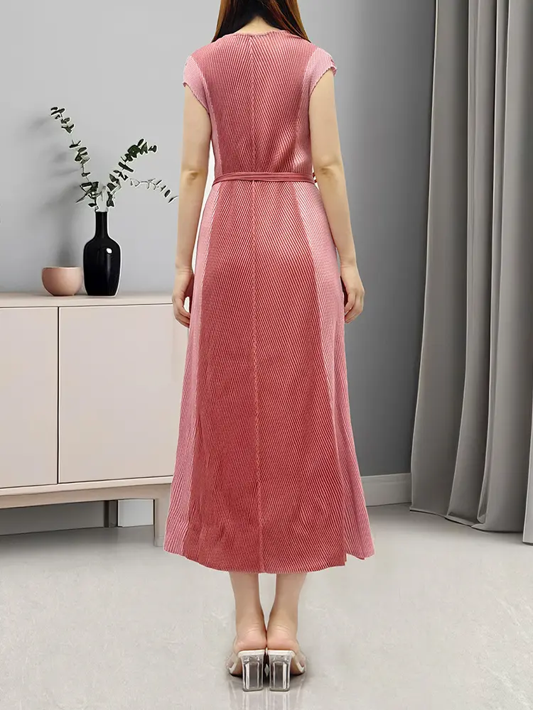 LANMREM Niche Chic Fish Scale Pleats V-neck Sleeveless Women's Dress Colorblock Spliced Temperament Tie Design Dresses 2DB3563
